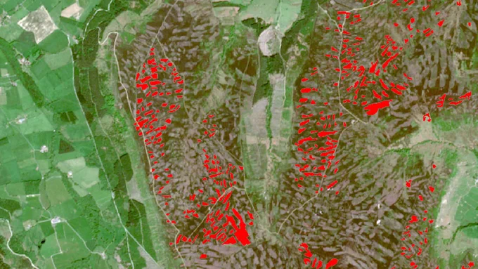 Sentinel 2 satellite data and MCM Change Results (in red) for the 2019/20 burning season on Baysdale Moor & Ingleby Moor, North York Moors