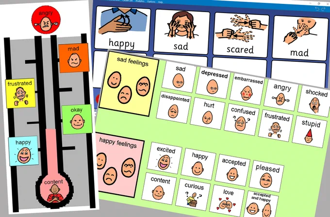 digital pages of 3 feelings resources from resourceSET are displayed overlapping one another - first the sign language resource is on the bottom, followed by the feelings communication board, then the mood thermometer visual support on top.