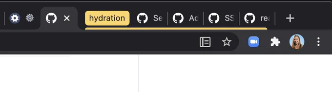 Screenshot of six chrome tabs open but with four in a yellow "hydration" tab group.