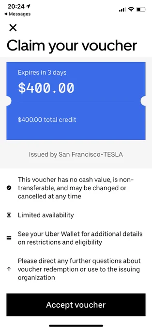 Uber voucher for $400 from Tesla