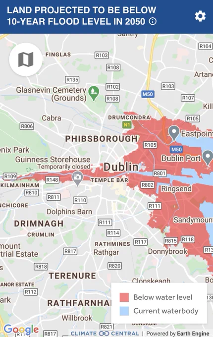 Map showing large areas of Dublin with flooding, stretching as far in as Kilmainham, Drumcondra and Donnybrook.