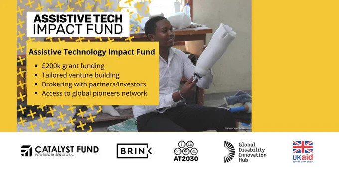 Assistive tech impact fund - text graphic with details on the fund - includes image of limb making in Africa