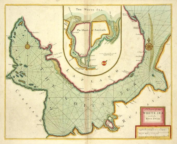 An early-18th-century map of the White Sea, including detail of the mouth of the Northern Dvina River, by English cartographer Samuel Thornton.