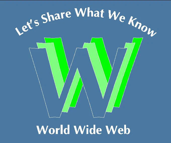 Old world wide web project logo from 1993 or so , green and blue, with slogan “Let’s Share What We Know”
