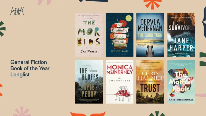 Covers of the eight longlisted books are displayed on a beige background, surrounded by colourful punctuation marks.