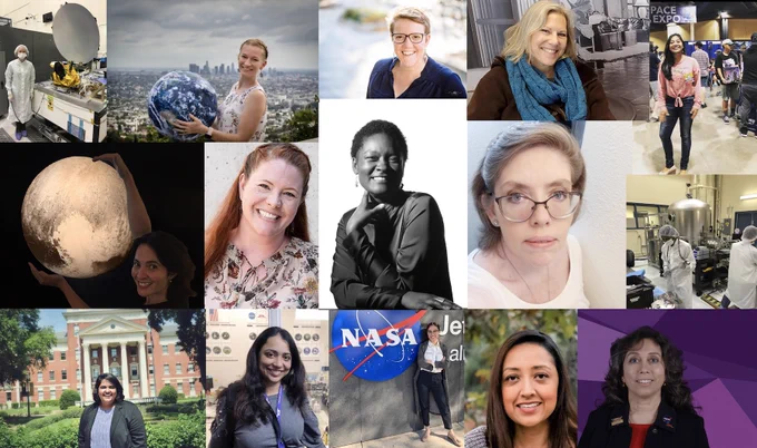 collage showing headshot photos of several women working in different contexts at NASA