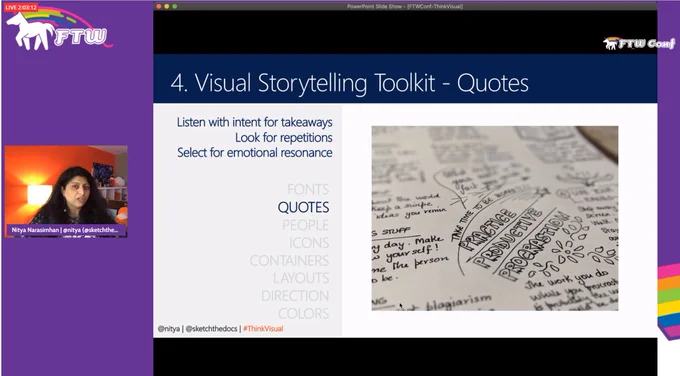 Screenshot from the livestream with Nitya and a slide on visually distinguishing quotes