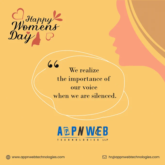#Women are inspirations for others in so many ways. They wonderfully manage both their personal as well as professional lives. APPNWEB Technologies LLP wishes you all Happy Women’s Day.
Visit us :- https://bit.ly/30lRIbp
#womensday2021 #womensdaycelebration #womeninbusiness  #womensequalityday #inclusion #genderequality #webdevelopment #codingskills #developer #jaipur #india