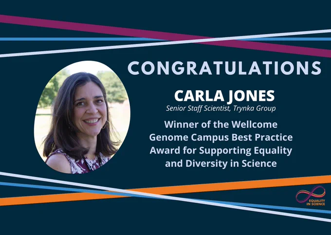 Congratulatory banner for Carla Jones, winner of the Wellcome Genome Campus best practice award for supporting equality and diversity in science. 