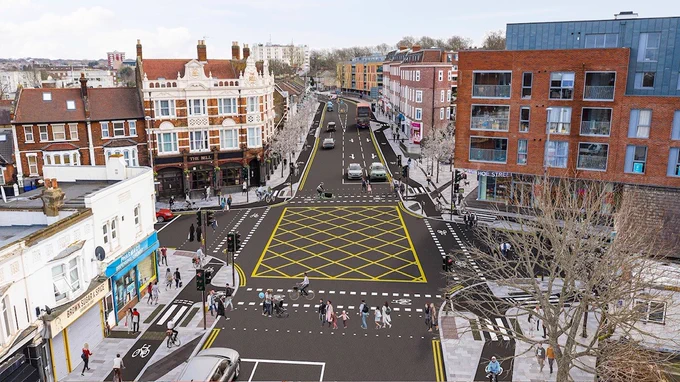 Artist impression of how the Bell junction will look like after works are completed. It's depicted in an aerial view of the junction as it's seen coming from Lloyd Park,