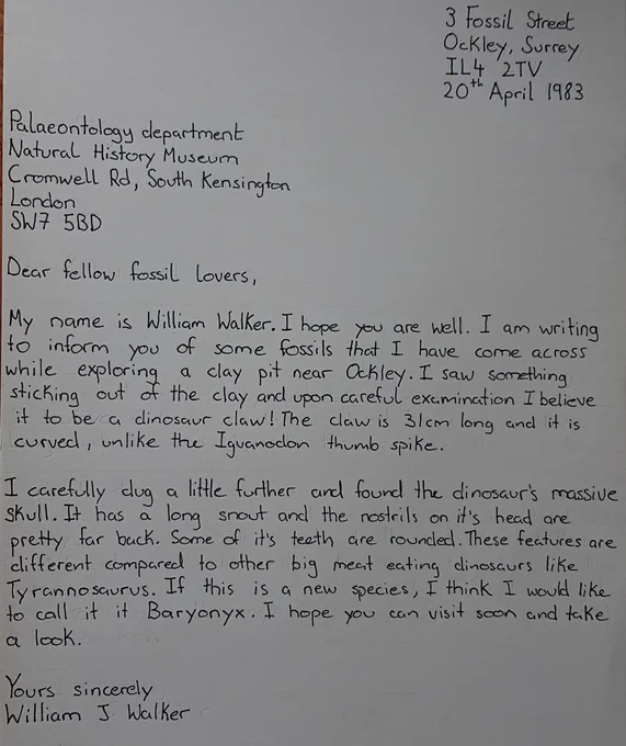 A letter written to the Natural history Museum pretending to be fossil collector William Walker who discovered the dinosaur Baryonyx in 1983.