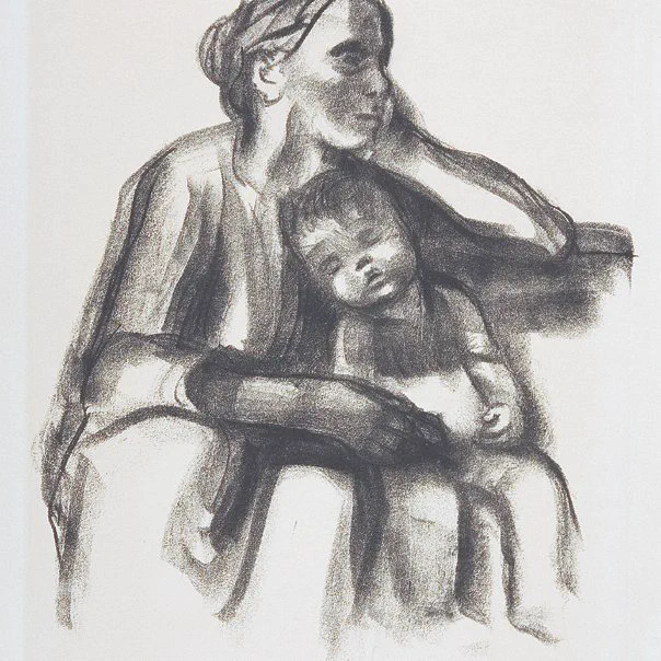 A seated woman looking to her left with hand resting on her right cheek. A child sits sleeps resting on her left side. 