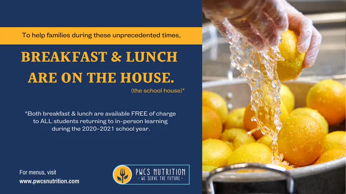 Text reads: To help families during these unprecedented times, breakfast and lunch are on the house. 