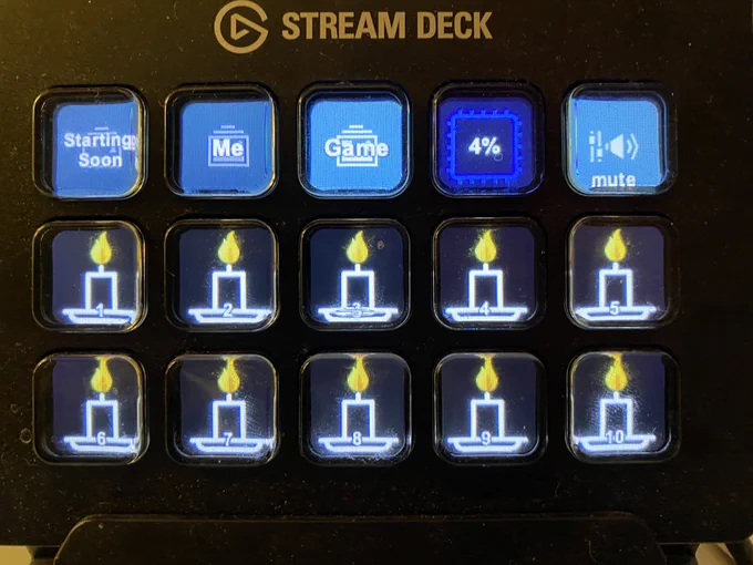 Stream deck with ten lit candle buttons