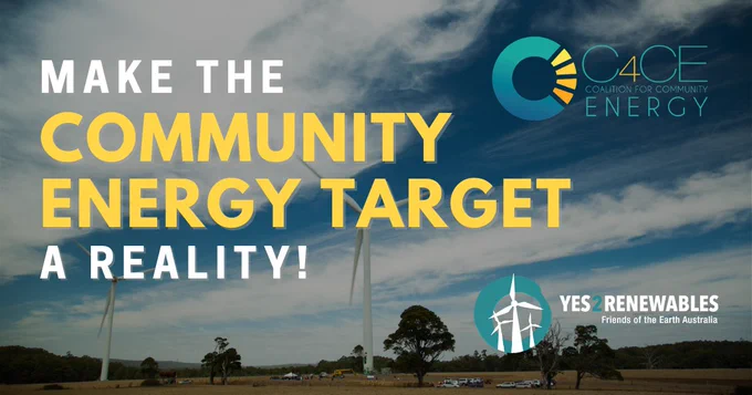 Image of wind turbines with the C4CE and Yes2Renewables logos next to the words "Make the Community Energy Target a Reality!"