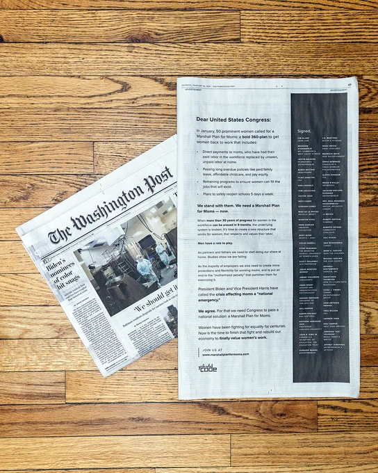 Photo of Marshall Plan for Moms ad in the Washington Post signed by 50 prominent male allies.