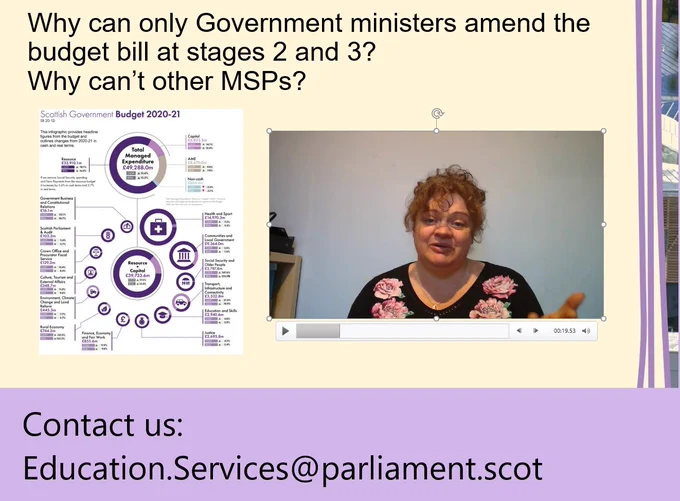 Contact details for Education Service: education.services@parliament.scot. Screenshot of example Q&A slide, with image and video answer.