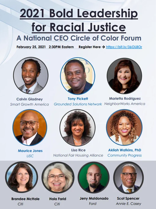 Speaker lineup for 2021 Bold Leadership for Racial Justice Forum, including photos of @SmartGrowthCEO @Tonypmc @meerodriguez @LISCMaurice @ItsLisaRice & @DrAkilahWB and @brandeemchale