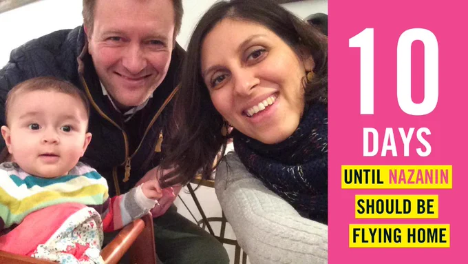 Selfie of Nazanin and her husband & daughter with "10 days until Nazanin should be flying home"