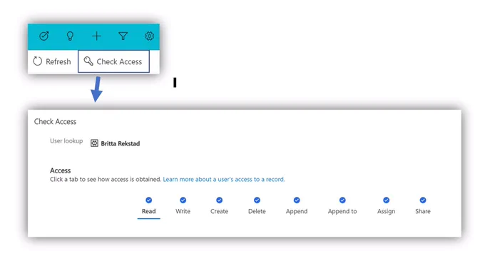 A screenshot of the command ribbon in Microsoft Dynamics 365 for Customer Engagement shows the new “Check Access” button. The image below shows the pop out window showing an option to select a user and a display of the security privileges that user has on the record.