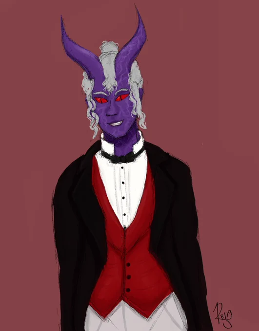 A drawing of Armand (they/them). They are a purple tiefling with silver hair and red eyes with slit pupils. They have Lichtenberg figure scars down one horn and across their face. They are wearing a red waistcoat, a black tailcoat, and a white shirt and pants.