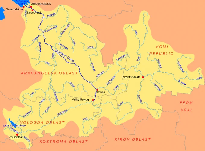 The Northern Dvina River basin in Russia. (The Western Dvina, after which the Northern Dvina is named, is a separate river that flows into the Baltic Sea.)