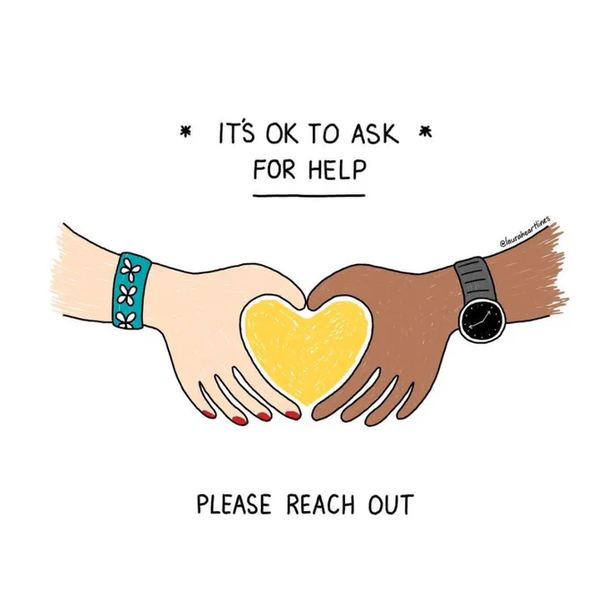 An illustration of two hands from different people forming a heart between their fingers. The text says: "It's ok to ask for help. Please reach out."