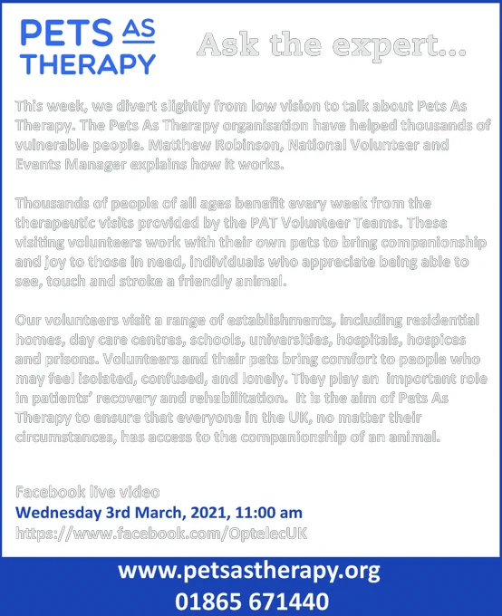 Info about pets as therapy webinar, main details in tweet.