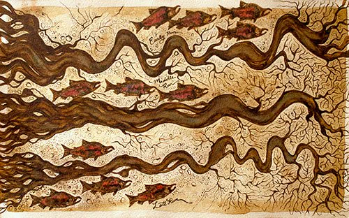 A painting illustrating variation in sockeye salmon runs. Red fish swim above and below brown wavy lines that branch off like trees.
