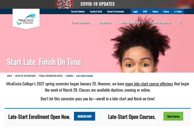 Looking for late-start classes @MiraCosta? Check out the class offerings here https://miracosta.edu/office-of-the-president/public-information-office/landing/late.html #latestart #openclasses #classes #springclasses