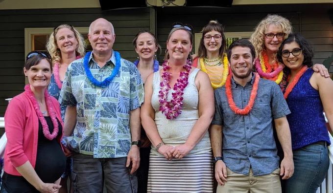 Group photo of the Heinrich Lab members (past and present) at a lab member's going away celebration in 2019. 