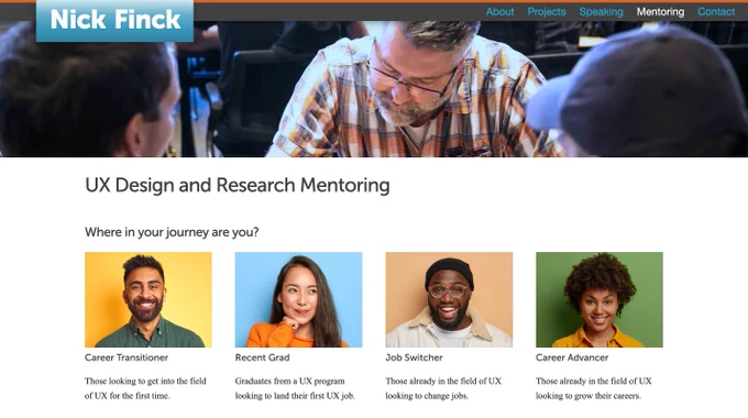 Screenshot of the design coaching and mentoring services page on NickFinck.com