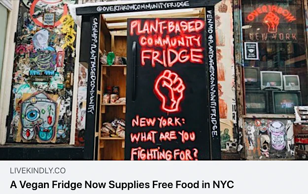 A communal vegan fridge now supplies free food in NYC. The plant-based fridge & pantry provide free produce, canned goods, and items like legumes, rice, & beans. The pantry also supplies vegan clothing & toiletries. Items are available 24 hours a day and are free to anyone in need. 