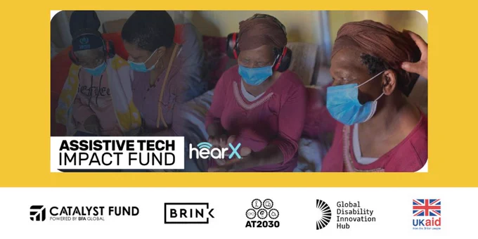 Image of hearing tests taking place in Africa - with Assistive Tech Impact Fund branding