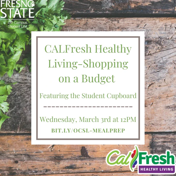 Come hang out and learn about how to access CALFresh services, how to shop on a budget, and ways to eat healthier as a student! 🥗🍗

Huge shout out to @studentcupboard for partnering with us for this event! Click the link in our bio to join in on the fun😁

Wednesday, March 3red, at 12 PM
