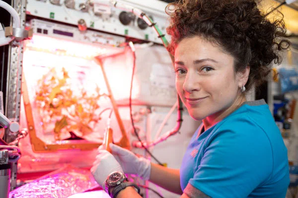 Astronaut Jessica Meir looking at the camera as she works on the space station's veggie experiment.