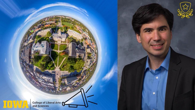 Justin Torner globe-like areal picture with bullhorn pointing to official portrait of Juan Pablo Hourcade - University of Iowa Computer Science faculty