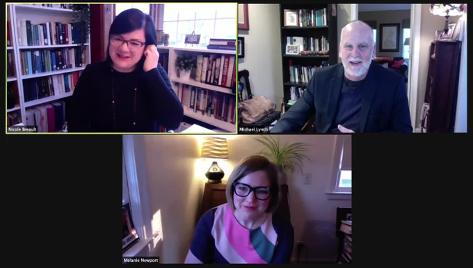 Screen shot of a Zoom meeting with Nicole Breault, Michael Lynch, and Melanie Newport.