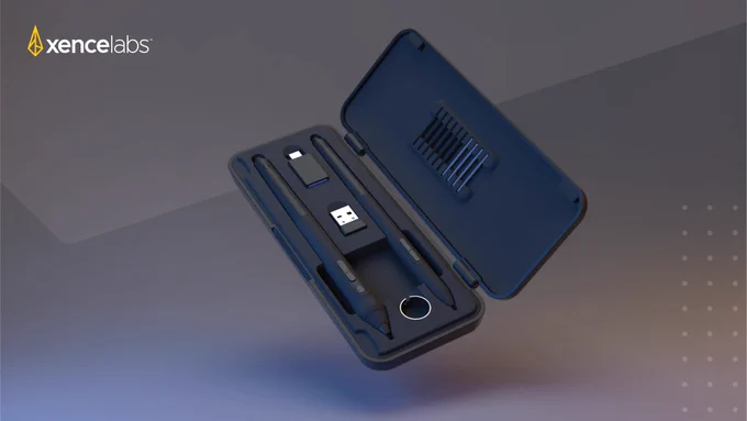 Xencelabs pen case containing the thin and three button digital pens, nibs, dongle and nib puller.