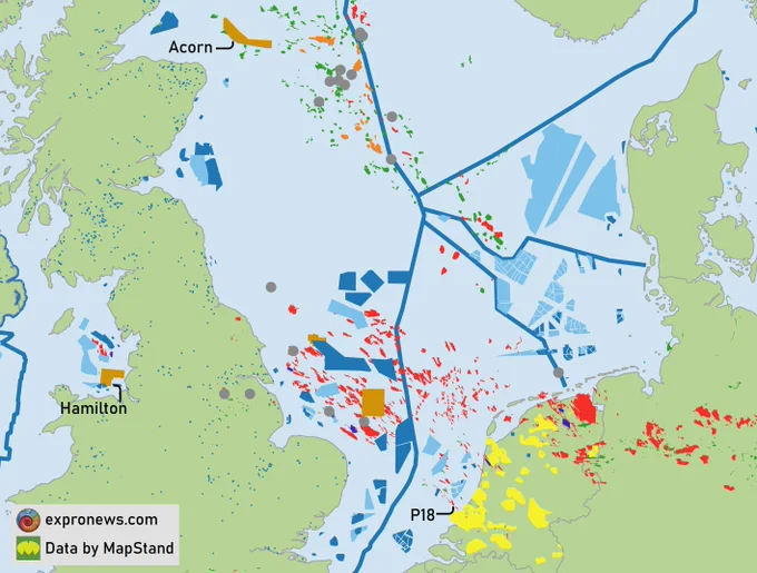 State of play in the North Sea region with regards to wind farms (realised and planned), CO2 storage licences and projects and geothermal exploration licences, in conjunction with locations of current oil and gas fields and planned exploration wells.