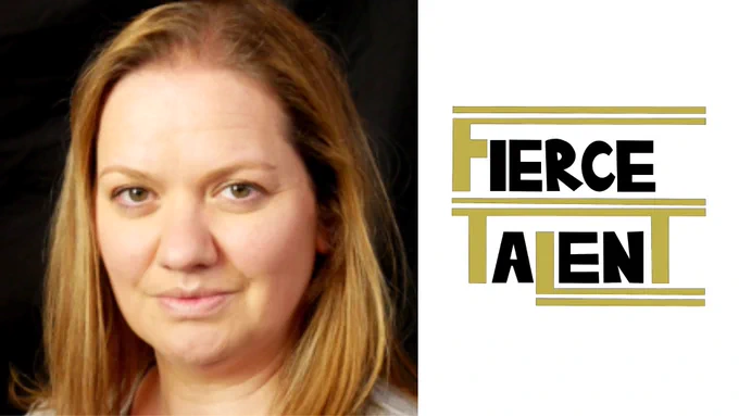 The image is of a woman with warm blonde hair, she is looking at the camera. To the right of her is a gold and black logo reading "Fierce Talent"