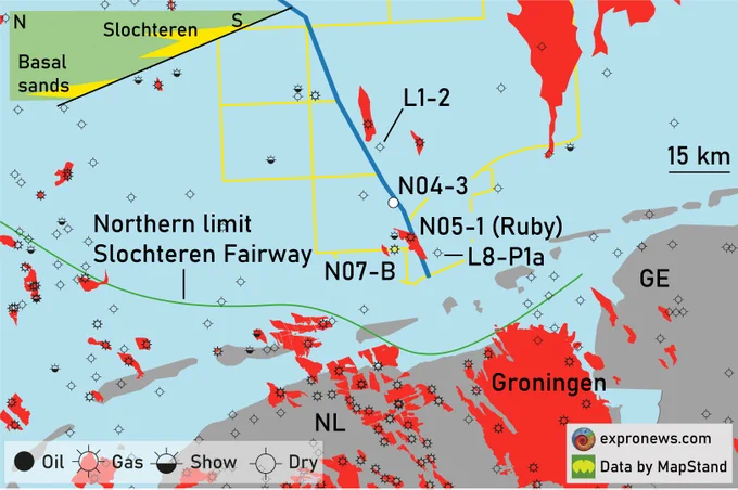 Location of N05-1 Ruby discovery as well as the location of the upcoming N04-3 exploration well. The green line on the map indicates where the Slochteren sandstones pinch out in a northerly direction – note that the Groningen field, with its gas reservoired in Slochteren sandstones, is just south of this line.