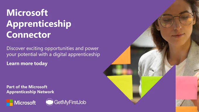 Graphic with purple background, featuring an apprentice at work on the right of the image. White text that reads: Microsoft Apprenticeship Connector - discover exciting opportunities and power your potential with a digital apprenticeship.