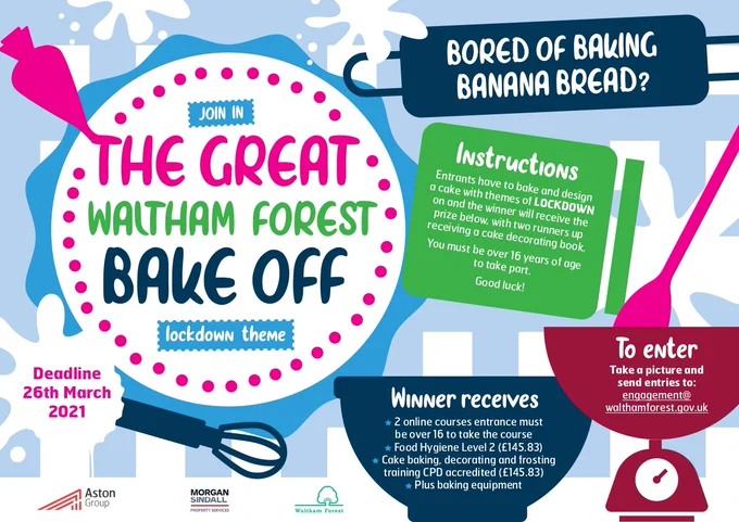 The Great Waltham Forest Bake Off - lockdown theme.
Bake and design a cake with a "lockdown" theme. The winner will receive 2 online courses: "Food Hygiene Level 2" & "Cake baking, decorating and frosting training - CPD accredited" (£145.83 value each)plus baking equipment.
2 runner ups will receive a cake decorating book.
To enter: take a picture and send your entry with your name and a descripti