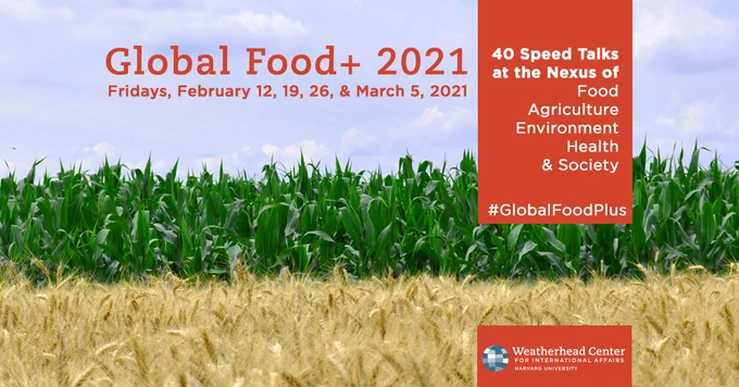 Global Food Plus conference graphic of a wheat and corn field against a blue sky.