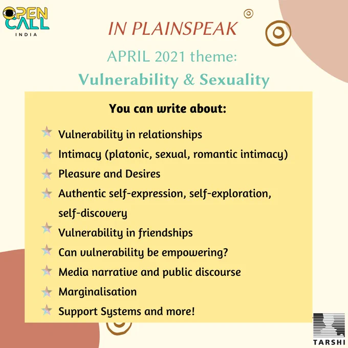 In Plainspeak  April Theme: Vulnerability and Sexuality   You can write about:  Vulnerability in relationships Intimacy ( platonic, sexual, romantic intimacy)  Pleasure and Desires Authentic self-expression, self-exploration, self discovery Vulnerability in friendships Can vulnerability be empowering? Media narrative and public discourse Marginalisation Support Systems and more!