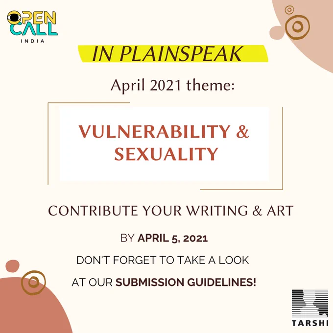 In Plainspeak April 2021 Theme: Vulnerability and Sexuality. Contribute your writing and art. By April 5, 2021. Don't forget to take a look at our submission guidelines.