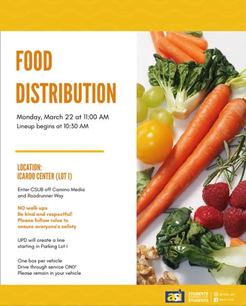 flyer for food distribution with yellow border and image of vegetables. 