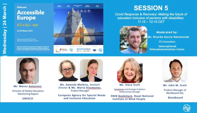 An Image of a Banner that is blue in color, with the top left right side of the image containing information on the Partners & Themes of the Accessible Europe event. The Right side of the image consists of information on the topic of session 5 and the moderator, her professional title and image. The bottom of the image consists of white background with images of 5 panelists for the session and their professional titles.