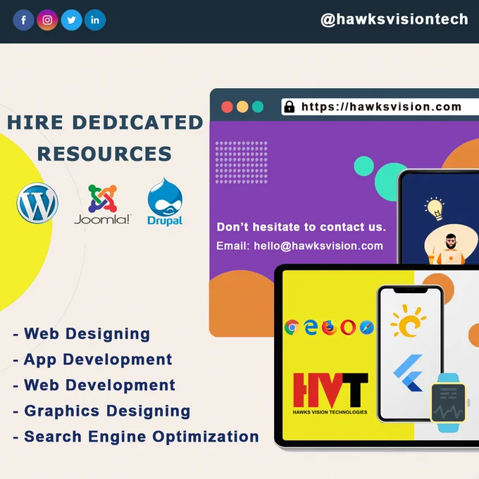 At Hawks Vision Technologies, We have helped more then 300 companies, from small businesses to Fortune 100 leaders, build and extend their engineering teams.
We hope you will find our best practices based on real-life experience useful.

📋 What we provided to our client:
🖥️ WordPress Theme & Plugin Development
🖥️ Joomla Theme, Components & Modules Development
🖥️ Drupal Web Development & Customization
🖥️ E-commerce Development & Customization
.
.
.
.
.
.
#hire #recruitment #team #wordpressdeveloper #joomla #drupal #webdevelopment #ecommerce #webshop ##appdesign #appdevelopment #appdeveloper #androiddeveloper #iosdeveloper #java #kotlin #uidesign #ux #webdesign #webdevelopment #webdeveloper #webdesigner #smo #digitalmarketing #crm #erp #azure #microsoft #googlecloud